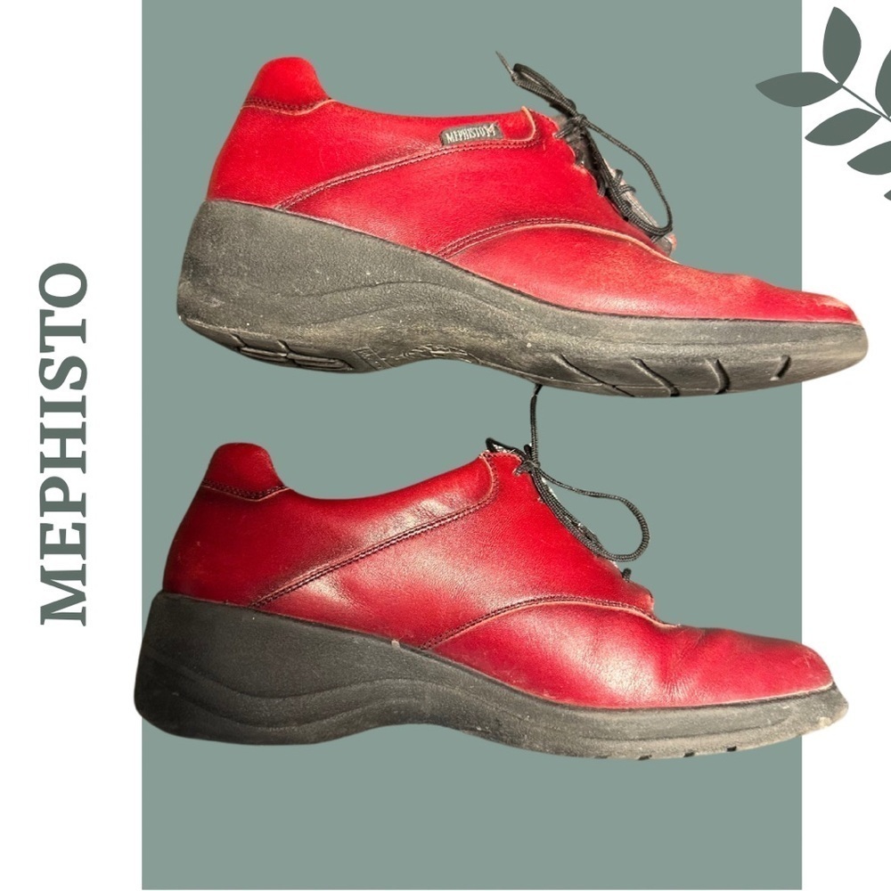 Mephisto Women’s Red Leather Lace Up Walking Shoe Wedge Size 7.5